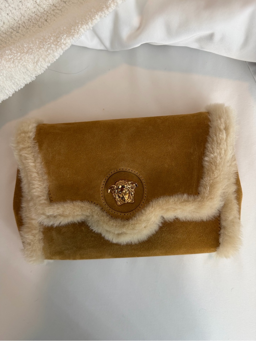Versace Camel Suede Shearling Clutch with Gold Medusa Accent